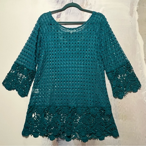 UMGEE Crochet Knit Tunic Cover-Up Womens L Boho Beach Hippie Turquoise Blue - Picture 10 of 16